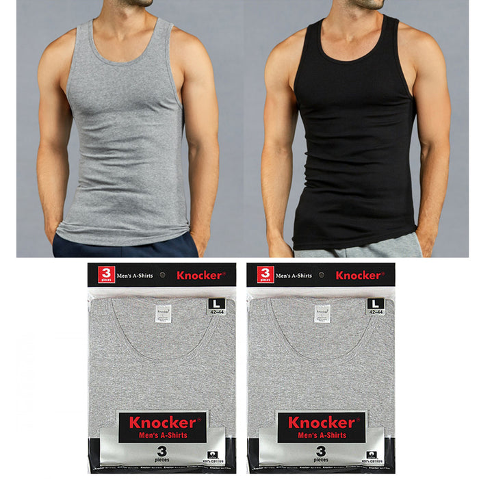 6 pk Mens Tank Tops 100% Cotton A-Shirt Ribbed Pack Undershirt Black Gray Large