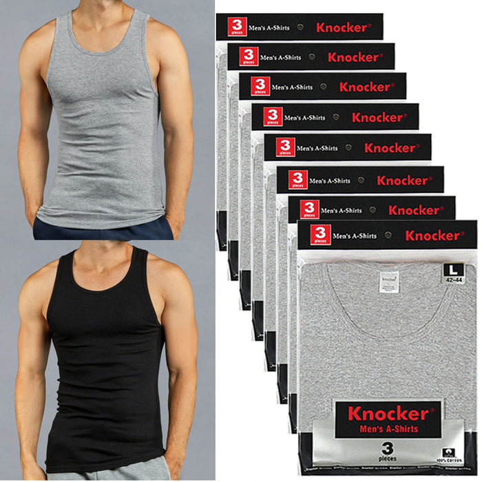 24 X Mens Tank Tops 100% Cotton A-Shirt Ribbed Pack Undershirt Black Gray Large