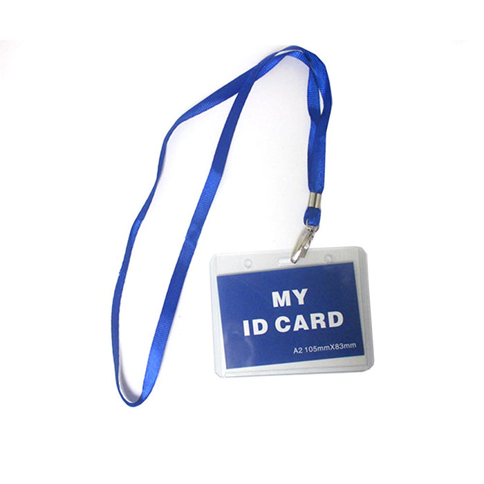 12 Pc ID Name Tag Badge Card Holder Clear Case Blue Lanyard Horizontal License