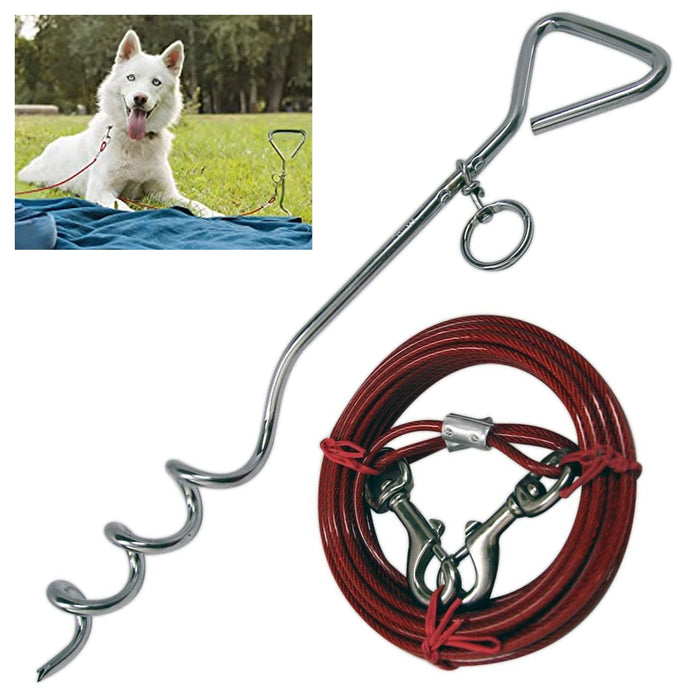 18" Metal Steel Spiral Stake Pole Tie Out Collar 25ft Cable Lead Leash Dog Spike
