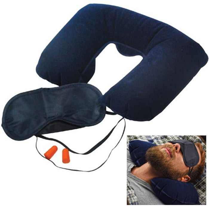 3 Pc Travel Head Neck Rest Pillow Cushion Inflatable Support Ear Plug Eye Cover