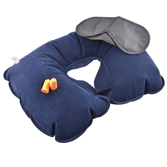 3 Pc Travel Head Neck Rest Pillow Cushion Inflatable Support Ear Plug Eye Cover