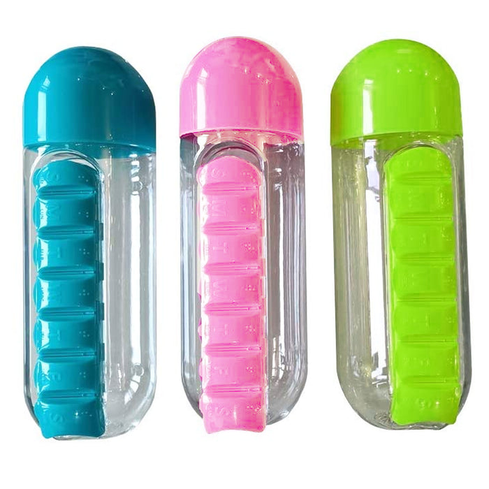 1 Sport Water Bottle Built-in 7 Day Daily Pill Box Medicine Organizer Case 720ml