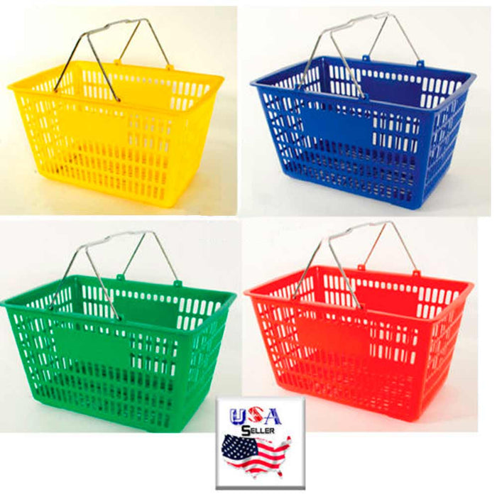 12 Pc Jumbo Standard Shopping Baskets Chrome Handles Plastic Grocery Store Eco