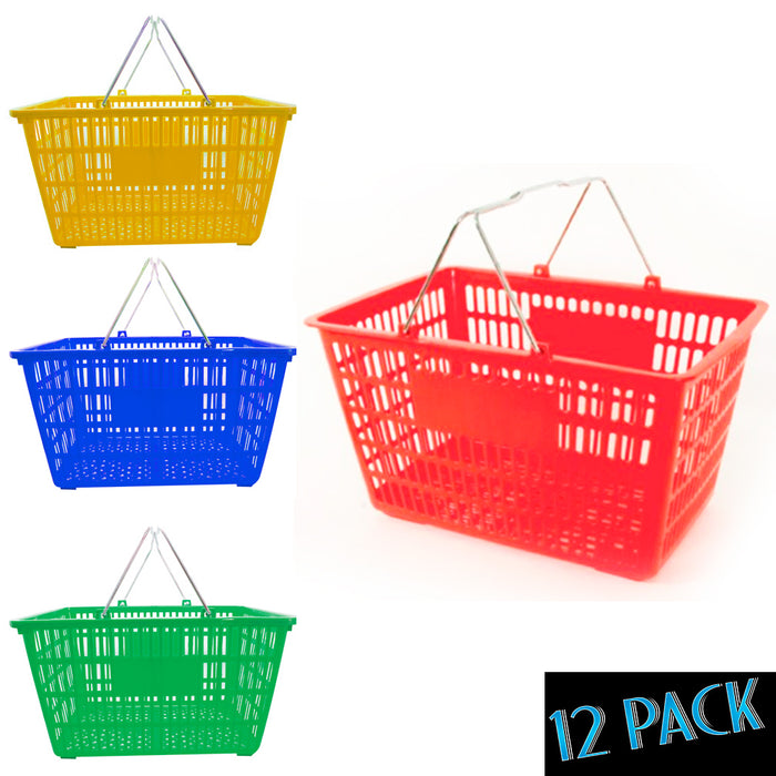 12 Pc Jumbo Standard Shopping Baskets Chrome Handles Plastic Grocery Store Eco