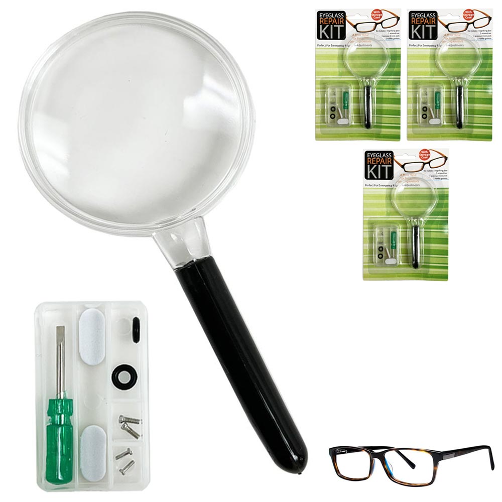 3 Eyeglass Repair Kit Screwdriver Screw Nut Nose Pad Magnifying