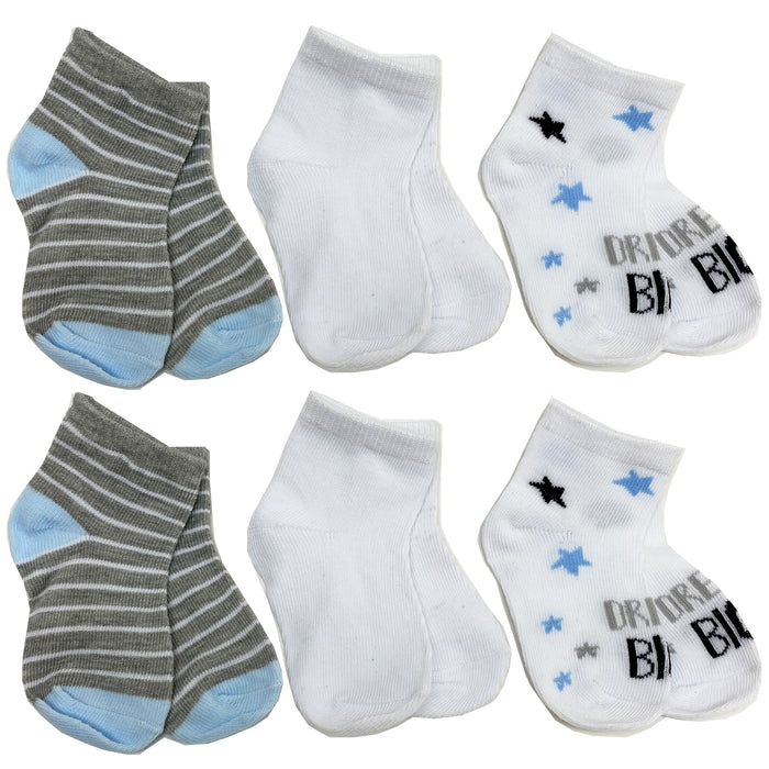 6 Pairs Children's Assorted Baby Boy Socks Infant Soft Cotton Blend Crew 3-9mo