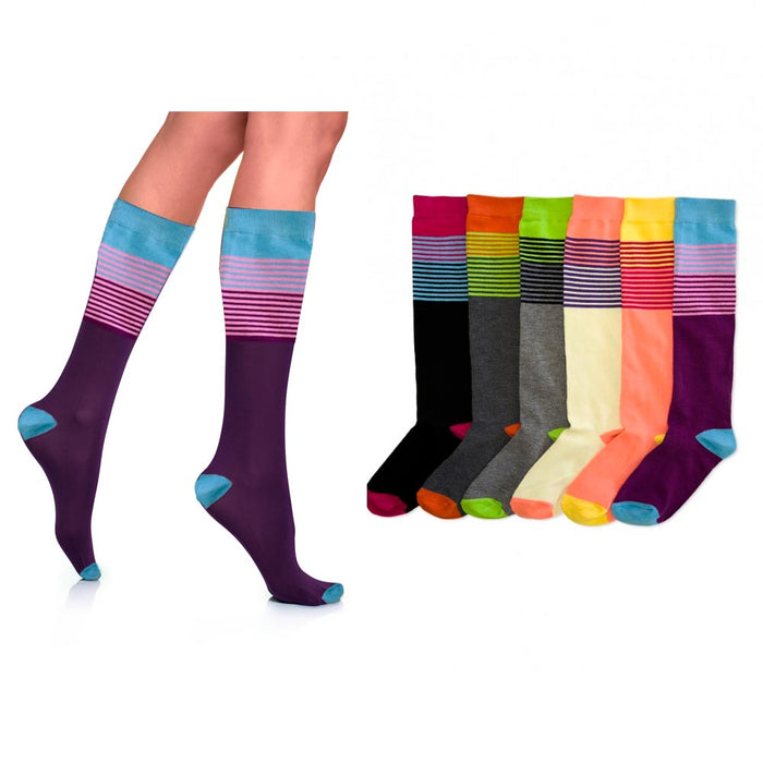 6 Pairs Knee High Socks Stripes Colorful Uniform School Dance Womens Girls 9-11