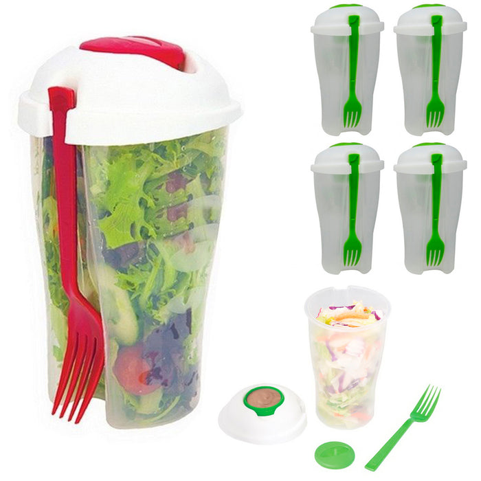 4 Salad Cup Container Serving Shaker Dressing Storage Fork Fruit Food on The Go, Green