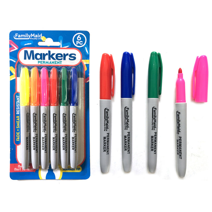 6 Pc Permanent Marker Set Fade Smear Resistant Ink Surfaces Bold Tip Asst Colors