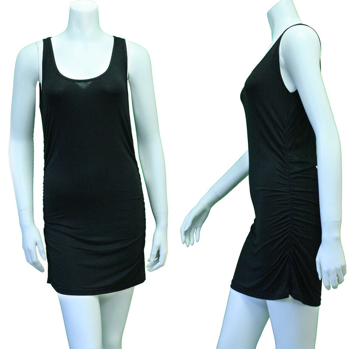 Women's Casual Stretchy Scoop Neck Sleeveless Tank Top Dress Mini Ruched Black