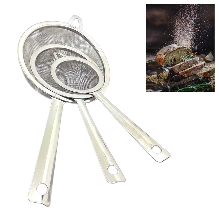 3Pc Set Stainless Steel Strainer Fine Mesh Colander Handle Sifter Sieve Drainer