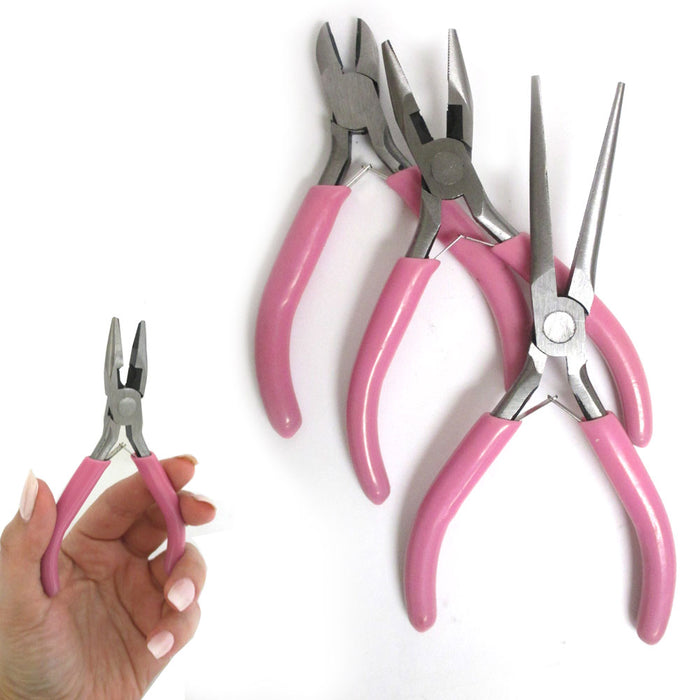 3 Pc Ladies Mini Pliers Set Repair Tool Kit Long Reach Cutter Mechanics Pink New