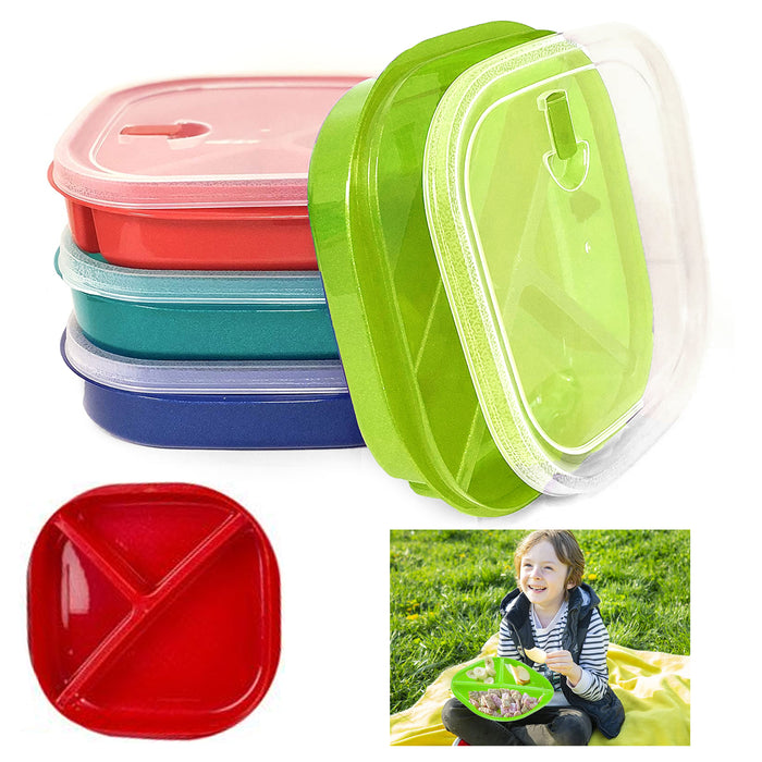 2 Pk BPA-Free Square Divided Plates w Lids Meal Microwave Safe Lunch Containers