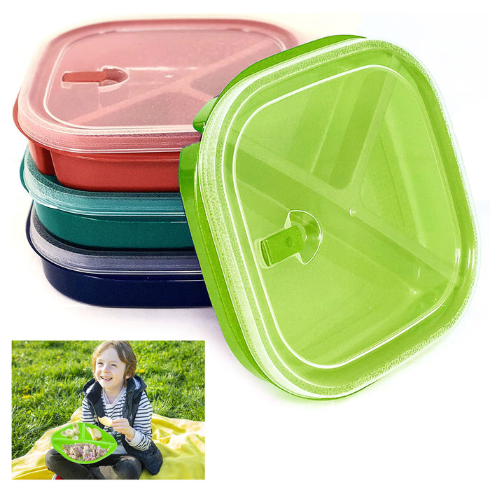 2 Pk BPA-Free Square Divided Plates w Lids Meal Microwave Safe Lunch Containers