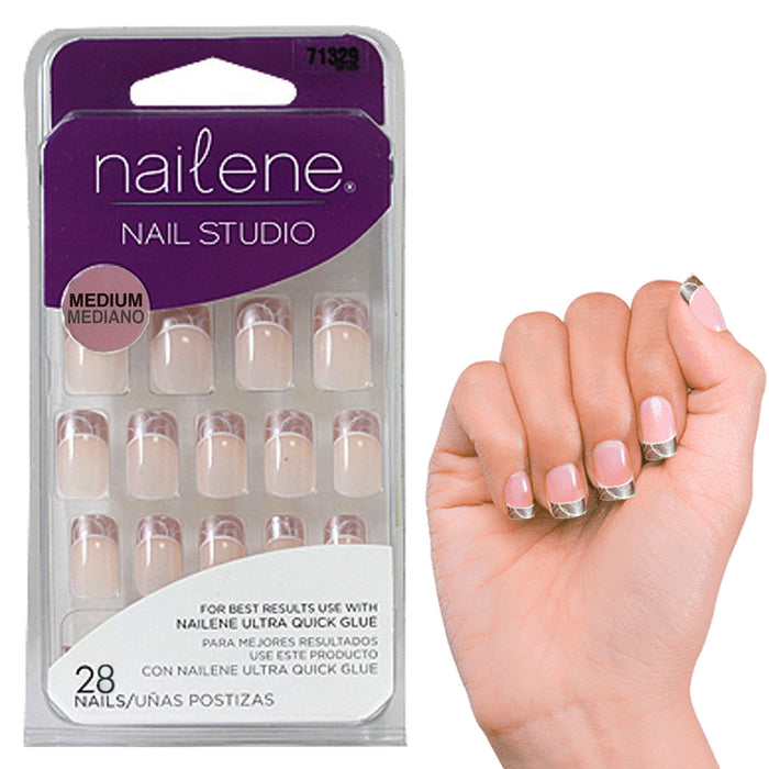 28 Press-On Nail Set Metallic French Tip Design Charms Adhesive Manicure Women