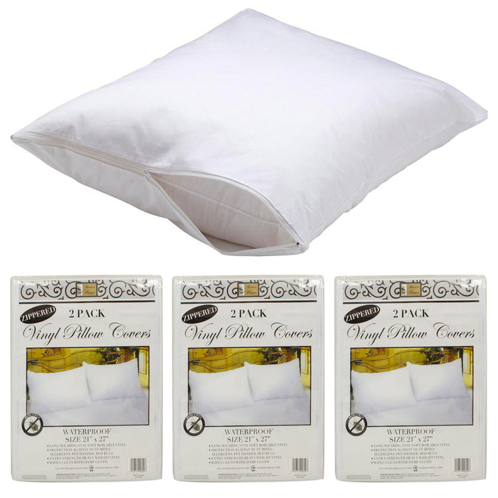 6 Pc Soft Pillow Protector Zippered Premium Vinyl Waterproof Bedding White Case