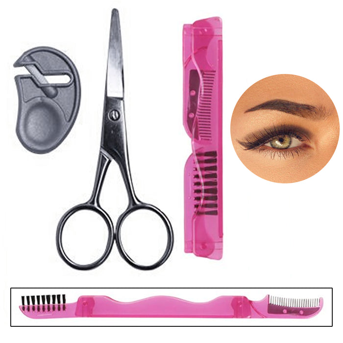 3 Pc Eyebrow Shaping Scissors Brow Grooming Kit Eye Lash Brush Comb Makeup Tool