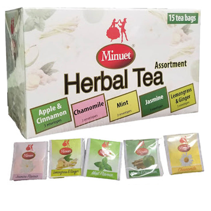 15 Ct Assorted Herbal Tea Bags Natural Chamomile Mint Jasmine Lemongrass Ginger
