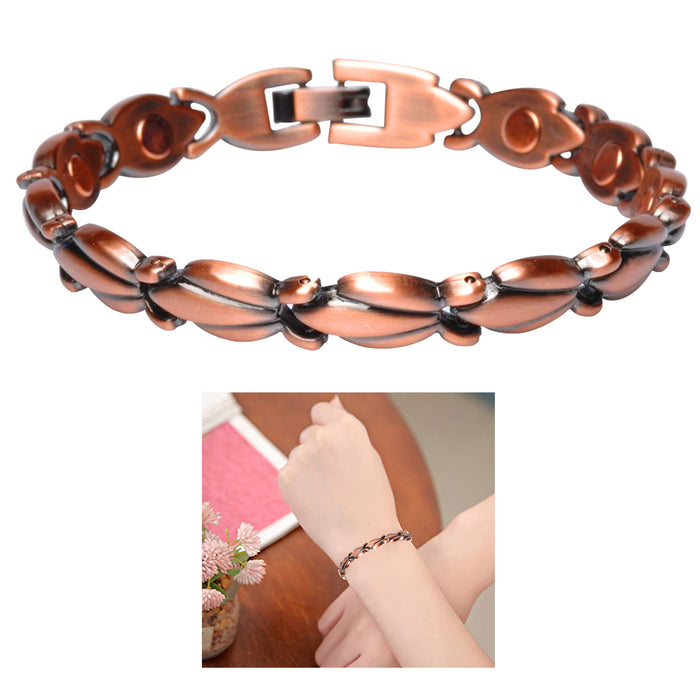 1 Copper Tone Link Bracelet Magnetic Arthritis Therapy Pain Relief Floral Women