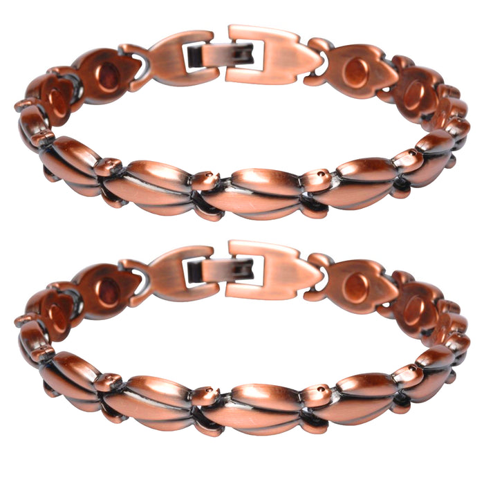 2 Pc Solid Copper Bracelets Floral Flower Link Pain Relief Magnetic Therapy Gift