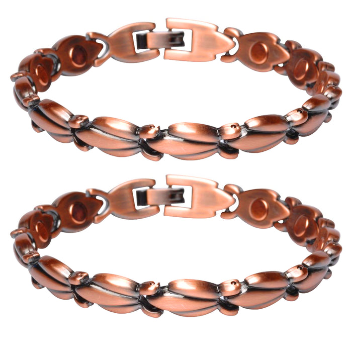 2 Pc Solid Copper Bracelets Floral Flower Link Pain Relief Magnetic Therapy Gift