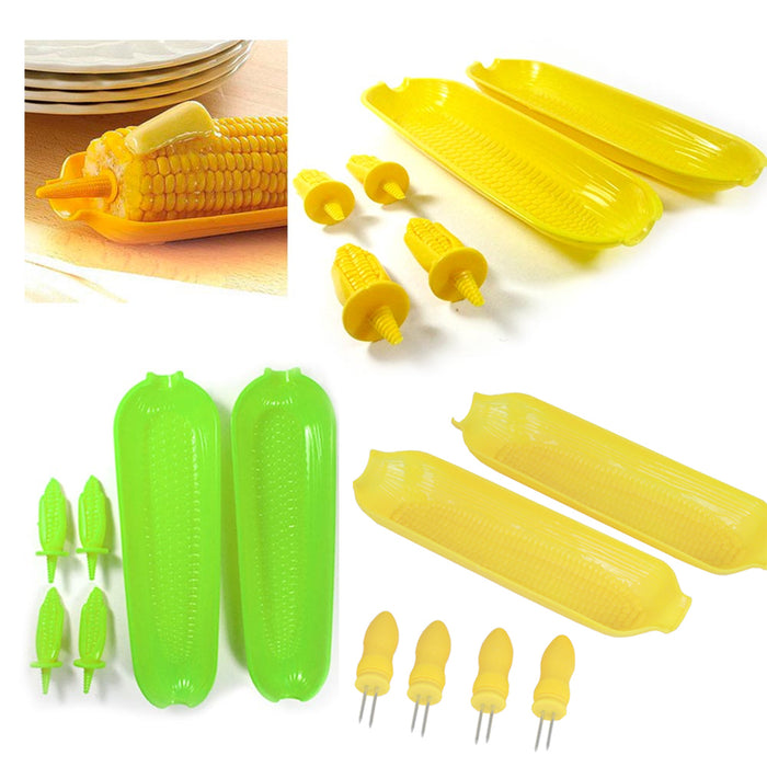 24 Pc Corn On The Cob Serving Set Dish Tray Server Skewers Prongs Holder Kitchen