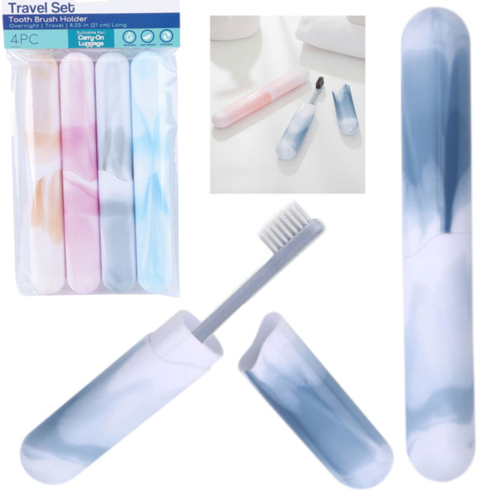 4pc Travel Toothbrush Holder Marble Plastic Cover Case Tube Cap Carry On Camping