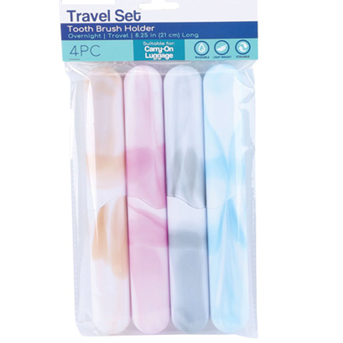 4pc Travel Toothbrush Holder Marble Plastic Cover Case Tube Cap Carry On Camping