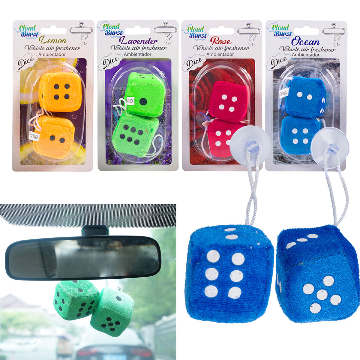 2 Pairs Plush Fuzzy Dice Scented Air Freshener Vintage Auto Car