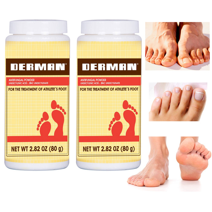 2 Derman Anti-fungal Athlete's Foot Powder Relieves Odor Moisture Absorbent Feet