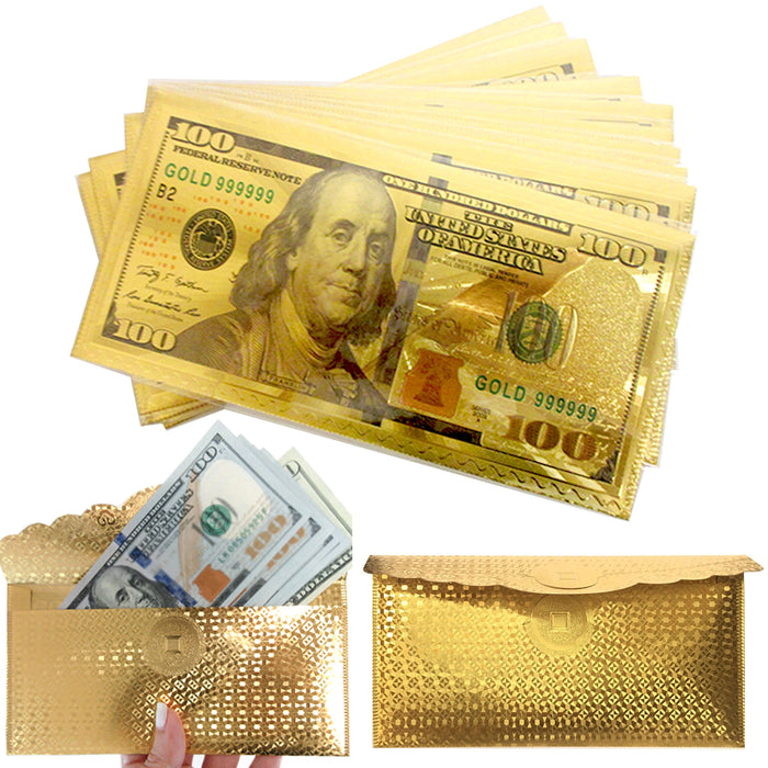 6x $100 Dollar Bill Envelope Gift Money Card Gold Foil Banknote Party Invitation