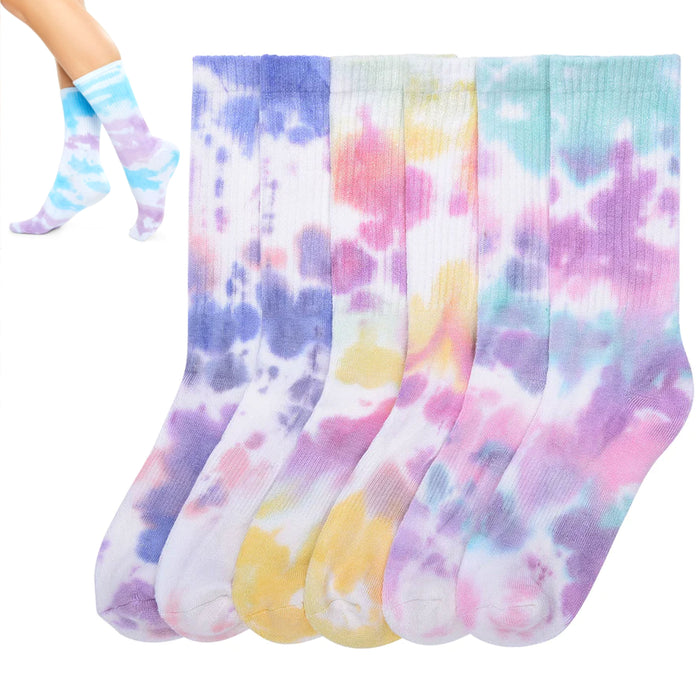 6 Pair Assorted Ribbed Tie Dye Crew Socks Calf Casual Women's Girls Ladies 9-11