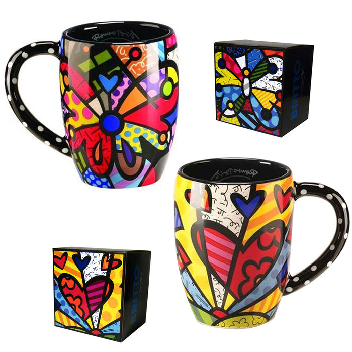 Romero Britto Round Heart or Butterfly Mug Cup Ceramic Authentic Dolomite Travel