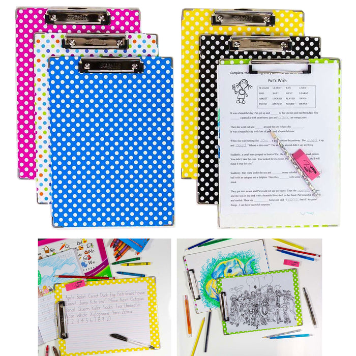 6 Hard Boards Bright Polka Dot Clipboards Standard Size Letter Low Profile Clip