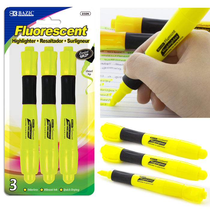 3 Pc Neon Yellow Highlighter Pen Markers Chisel Tip Quick Dry Fluorescent Office