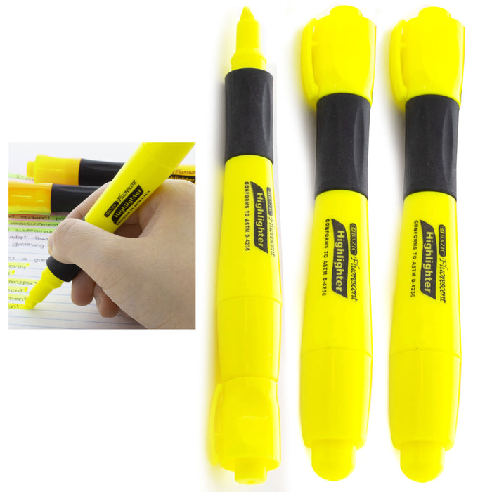 3 Pc Neon Yellow Highlighter Pen Markers Chisel Tip Quick Dry Fluorescent Office