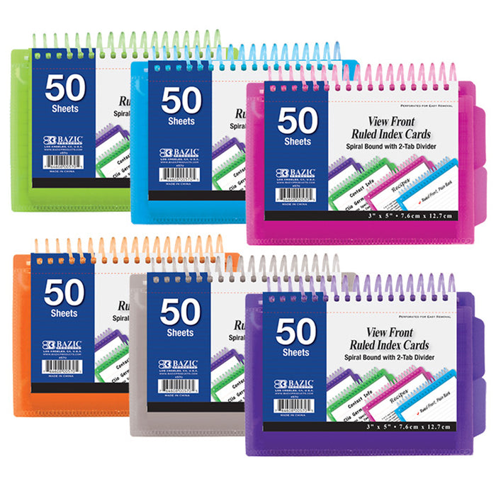 4pc Ruled Index Cards 3" X 5" Poly Spiral Bound 50 Sheets 2 Tabs Dividers School