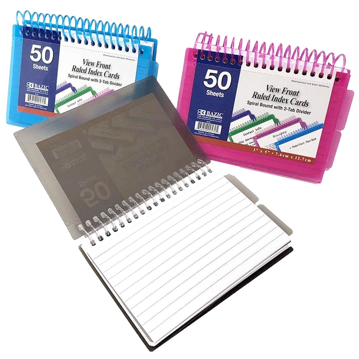 2pc Poly Spiral Bound Index Cards 3" X 5" Ruled 50Ct 2 Tabs School Office Colors