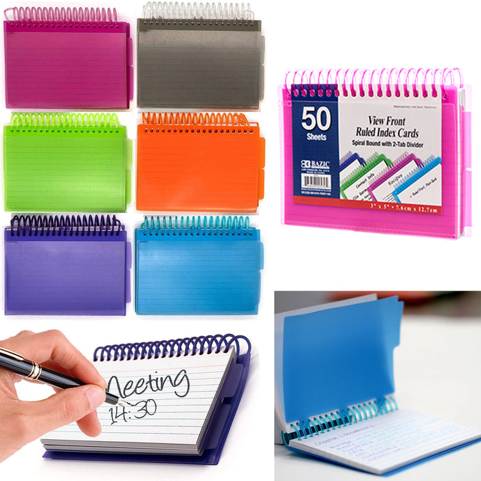 4pc Ruled Index Cards 3" X 5" Poly Spiral Bound 50 Sheets 2 Tabs Dividers School