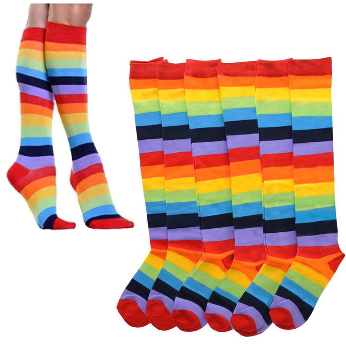 6 Pairs Rainbow Women Socks Multi-color Pride Soccer Striped Knee High Size 9-11