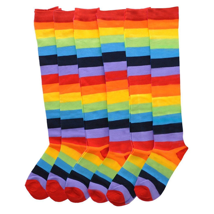 6 Pairs Rainbow Women Socks Multi-color Pride Soccer Striped Knee High Size 9-11