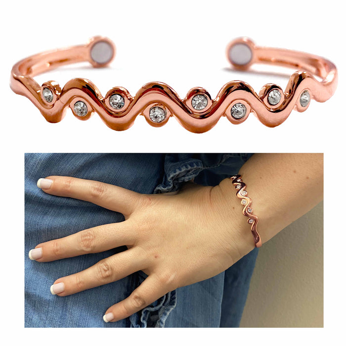 2 Pc Pure Copper Cuff Rose Gold Tone Crystal Bracelet Magnetic Arthritis Relief