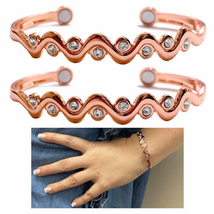 2 Pc Pure Copper Cuff Rose Gold Tone Crystal Bracelet Magnetic Arthritis Relief