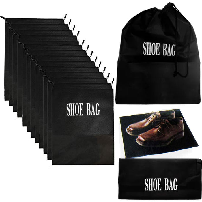 12 Pc Travel Shoe Bags Storage Luggage Black Drawstring Bag Suitcase Case Pack