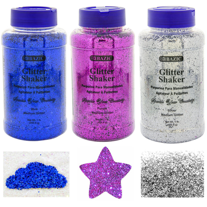 3 Pc 16oz BAZIC Glitter Silver Blue Purple Shaker Bottle 1lb Sparkle Art Crafts