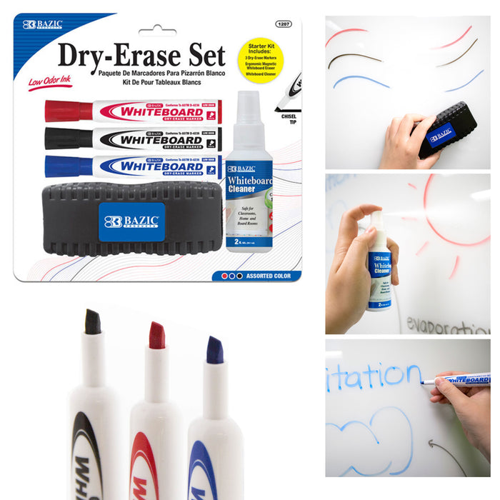 5 Pc Assorted Dry Erase Markers Whiteboard Cleaner Eraser Bold Fine Point BAZIC