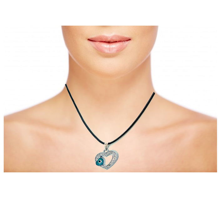 Evil Eye Heart Crystals Silver Necklace Lucky Charm Pendant Jewelry Black Rope