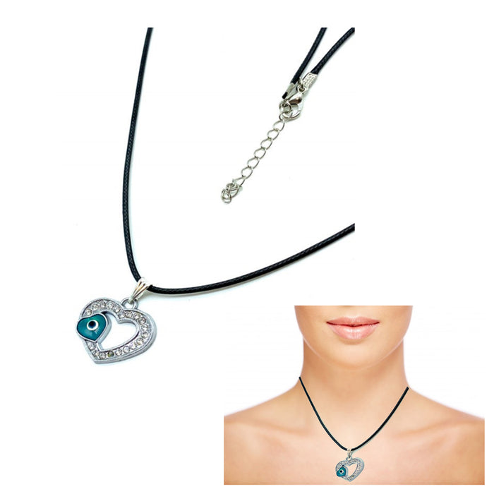 Evil Eye Heart Crystals Silver Necklace Lucky Charm Pendant Jewelry Black Rope