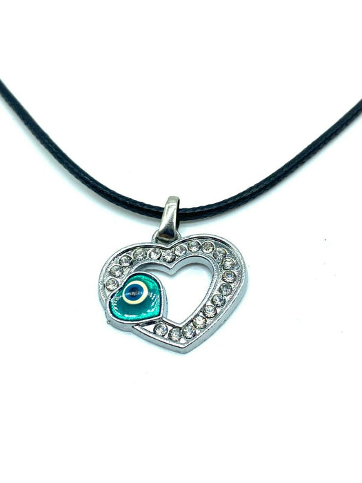 Evil Eye Heart Crystals Silver Necklace Lucky Charm Pendant Jewelry Black Rope
